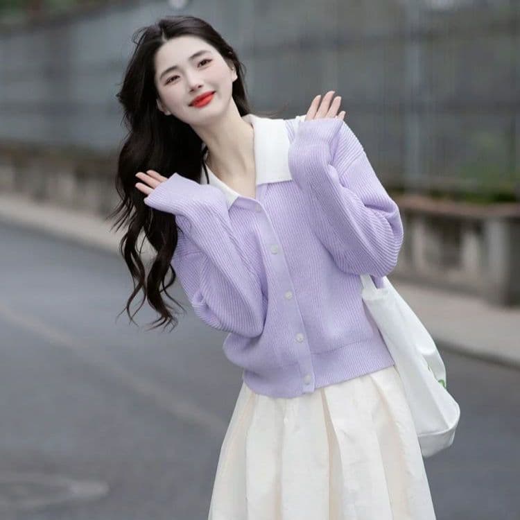 이른 가을 새로운 여성 재킷 한 부서 부드러운 보라색 디자인 센스 니트 오픈 가디건 슈퍼 잘 생긴 외출용 스웨터 여자 재킷 상세 이미지 7