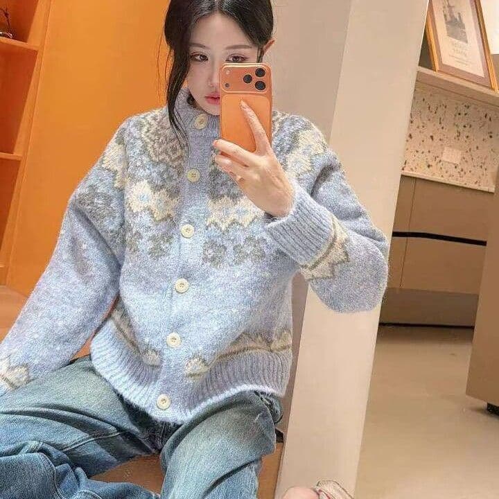 한 부서 느긋한 공정한 섬 자카드 니트 여성 코트 가을 겨울 새로운 패션 품격 연령 감소 스웨터 품격 오픈 가디건 상세 이미지 2
