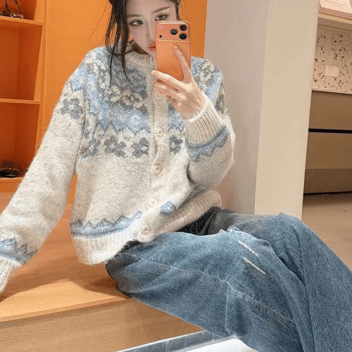 한 부서 느긋한 공정한 섬 자카드 니트 여성 코트 가을 겨울 새로운 패션 품격 연령 감소 스웨터 품격 오픈 가디건 상세 이미지 13
