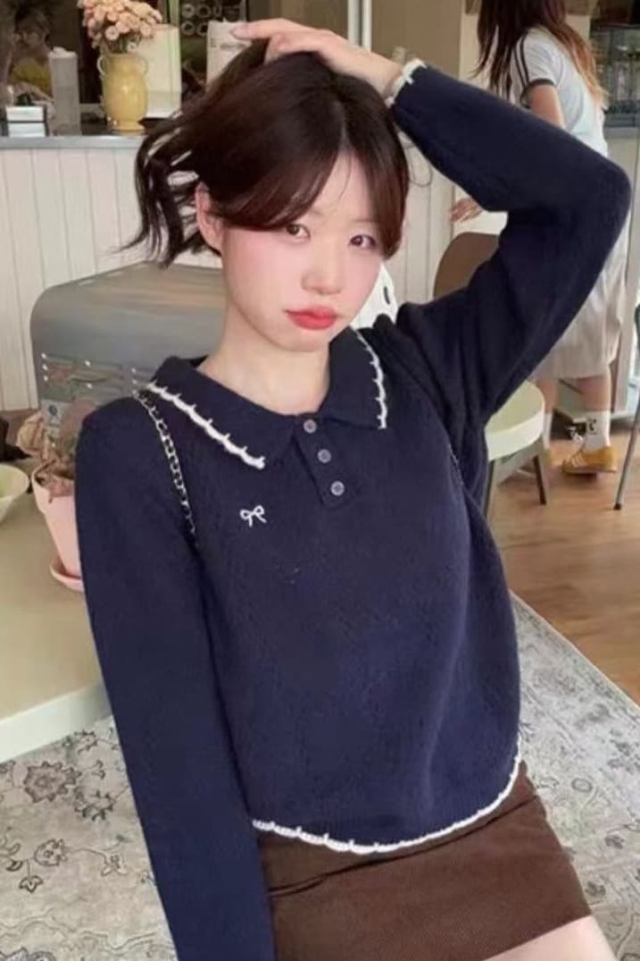 새로운 한국 스타일 패션 긴팔 연령 감소 한 부서 패치워크 색상 폴로 칼라 나비 매듭 자수 풀오버 니트 스웨터 맨위 이미지 6