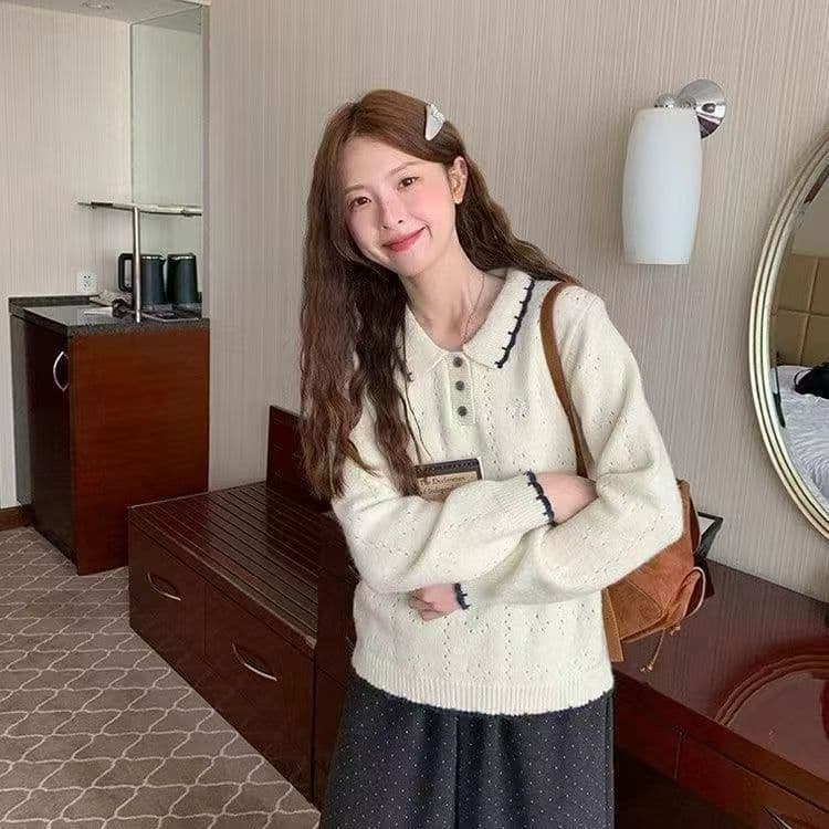새로운 한국 스타일 패션 긴팔 연령 감소 한 부서 패치워크 색상 폴로 칼라 나비 매듭 자수 풀오버 니트 스웨터 맨위 상세 이미지 2