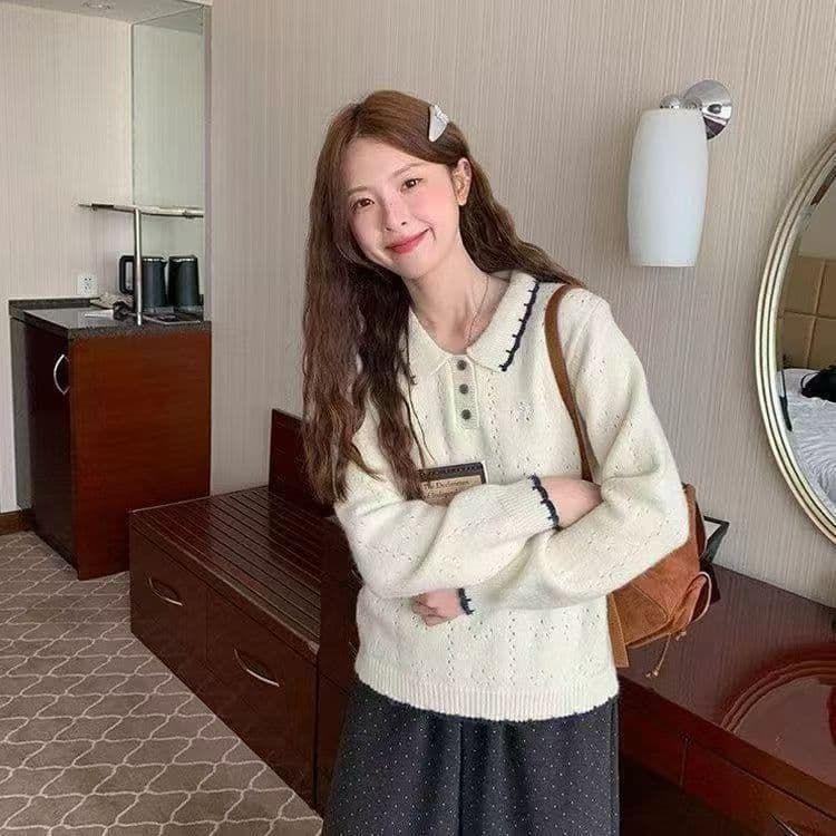 새로운 한국 스타일 패션 긴팔 연령 감소 한 부서 패치워크 색상 폴로 칼라 나비 매듭 자수 풀오버 니트 스웨터 맨위 상세 이미지 5