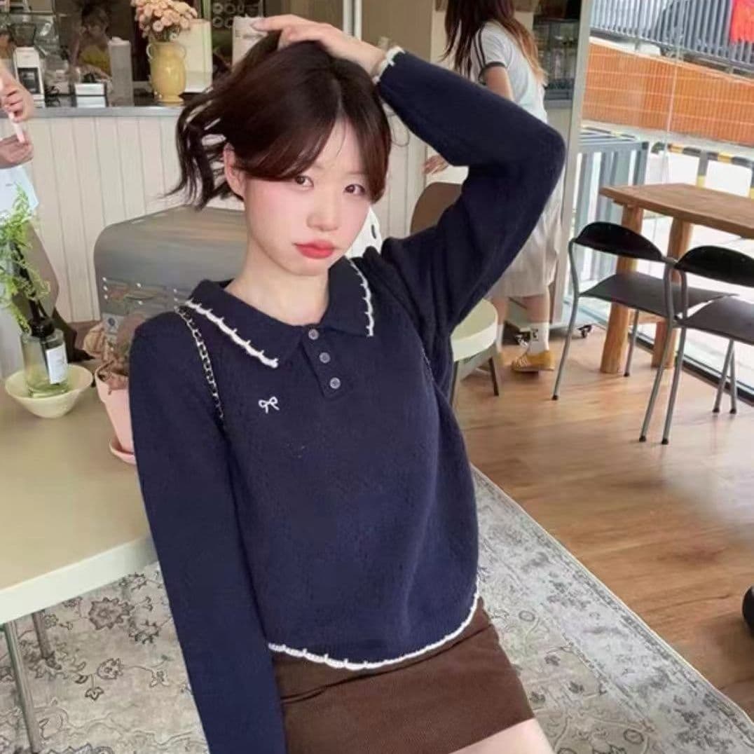 새로운 한국 스타일 패션 긴팔 연령 감소 한 부서 패치워크 색상 폴로 칼라 나비 매듭 자수 풀오버 니트 스웨터 맨위 상세 이미지 9