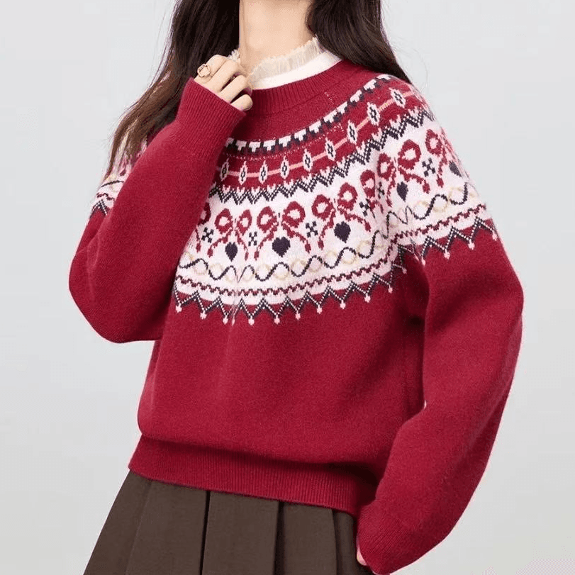 가을 겨울 새로운 공정한 섬 자카드 스웨터 여자 연령 감소 레트로 라운드 넥 고급 두꺼운 풀오버 루즈핏 연령 감소 맨위 상세 이미지 8