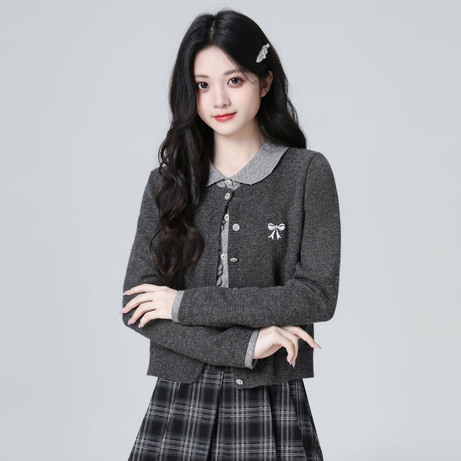 한 부서 POLO 칼라 페이크 레이어드 니트 오픈 가디건 여성 봄 가을 가을 새로운 배색 폴로 칼라 스웨터 쇼트 스타일 연령 감소 맨위 이미지 2