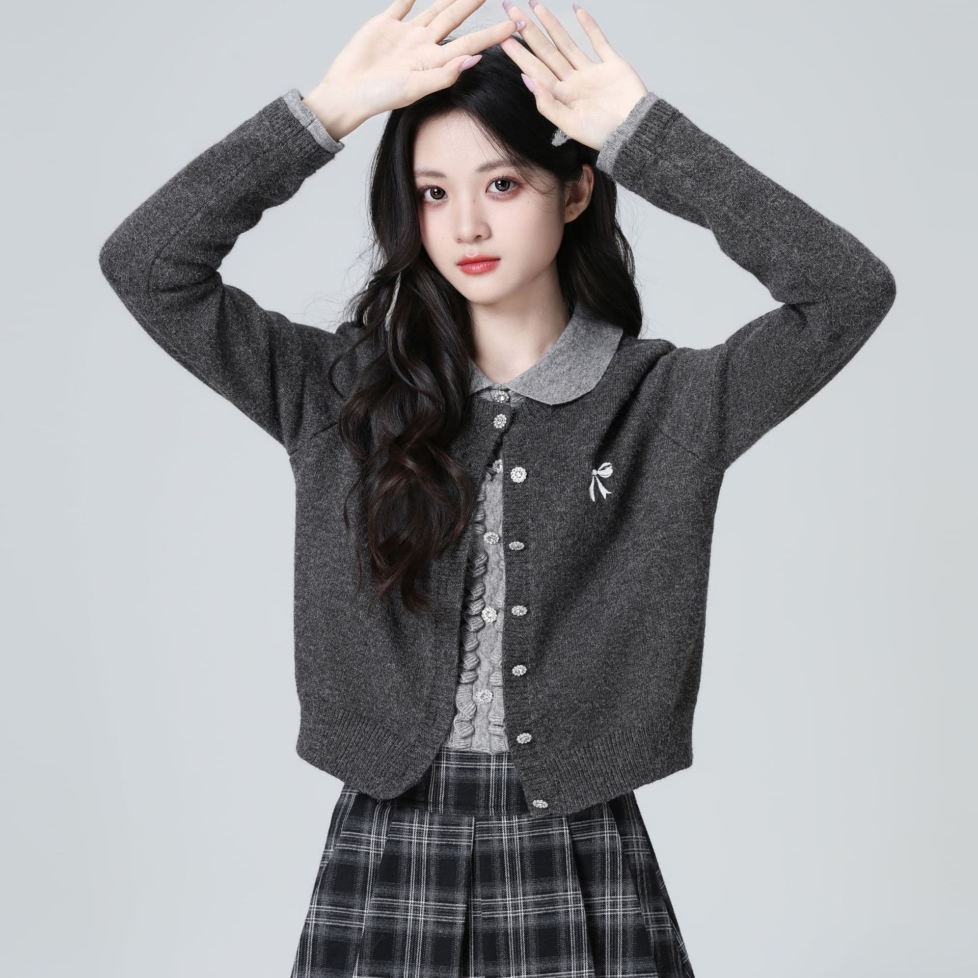 한 부서 POLO 칼라 페이크 레이어드 니트 오픈 가디건 여성 봄 가을 가을 새로운 배색 폴로 칼라 스웨터 쇼트 스타일 연령 감소 맨위 이미지 5