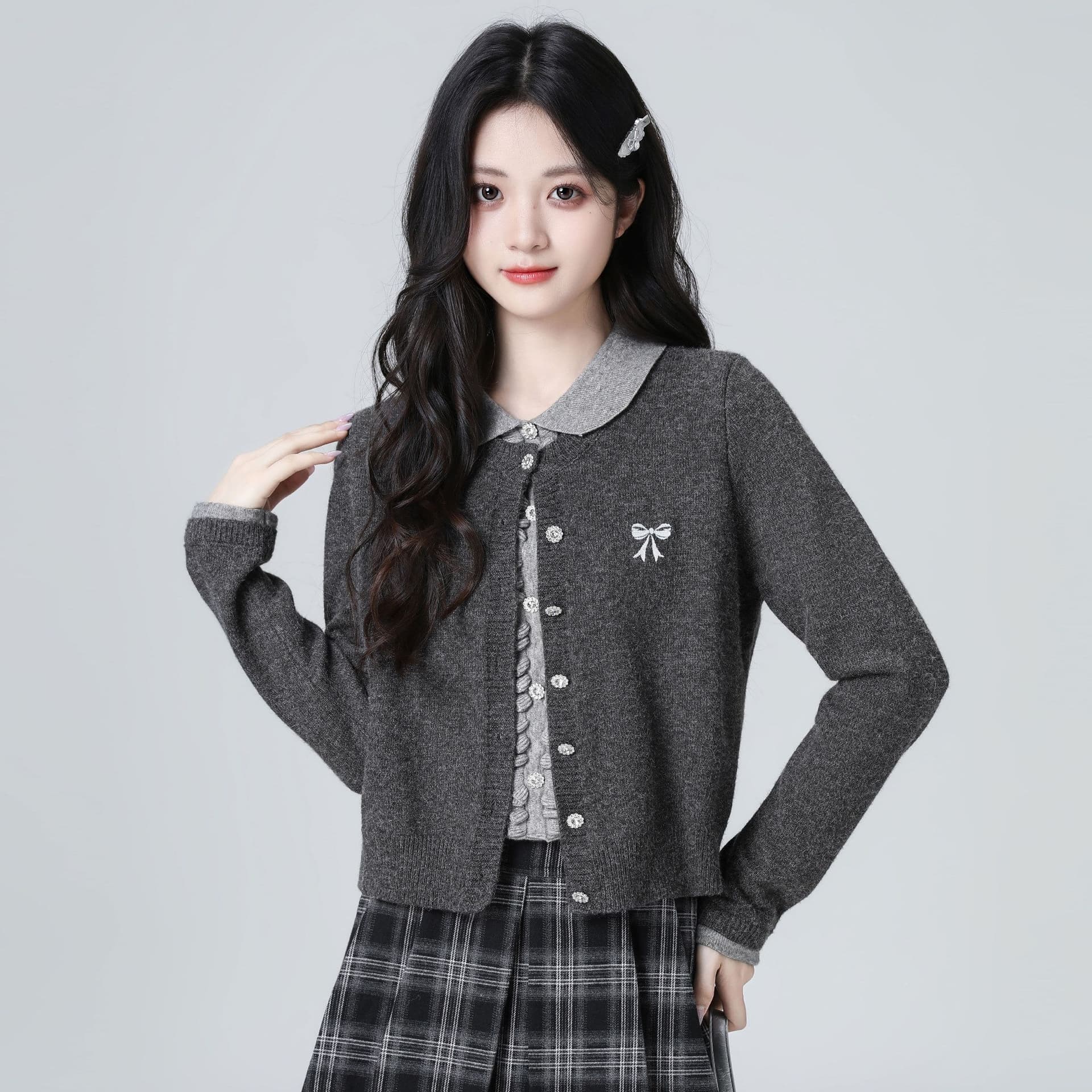 한 부서 POLO 칼라 페이크 레이어드 니트 오픈 가디건 여성 봄 가을 가을 새로운 배색 폴로 칼라 스웨터 쇼트 스타일 연령 감소 맨위 이미지 4