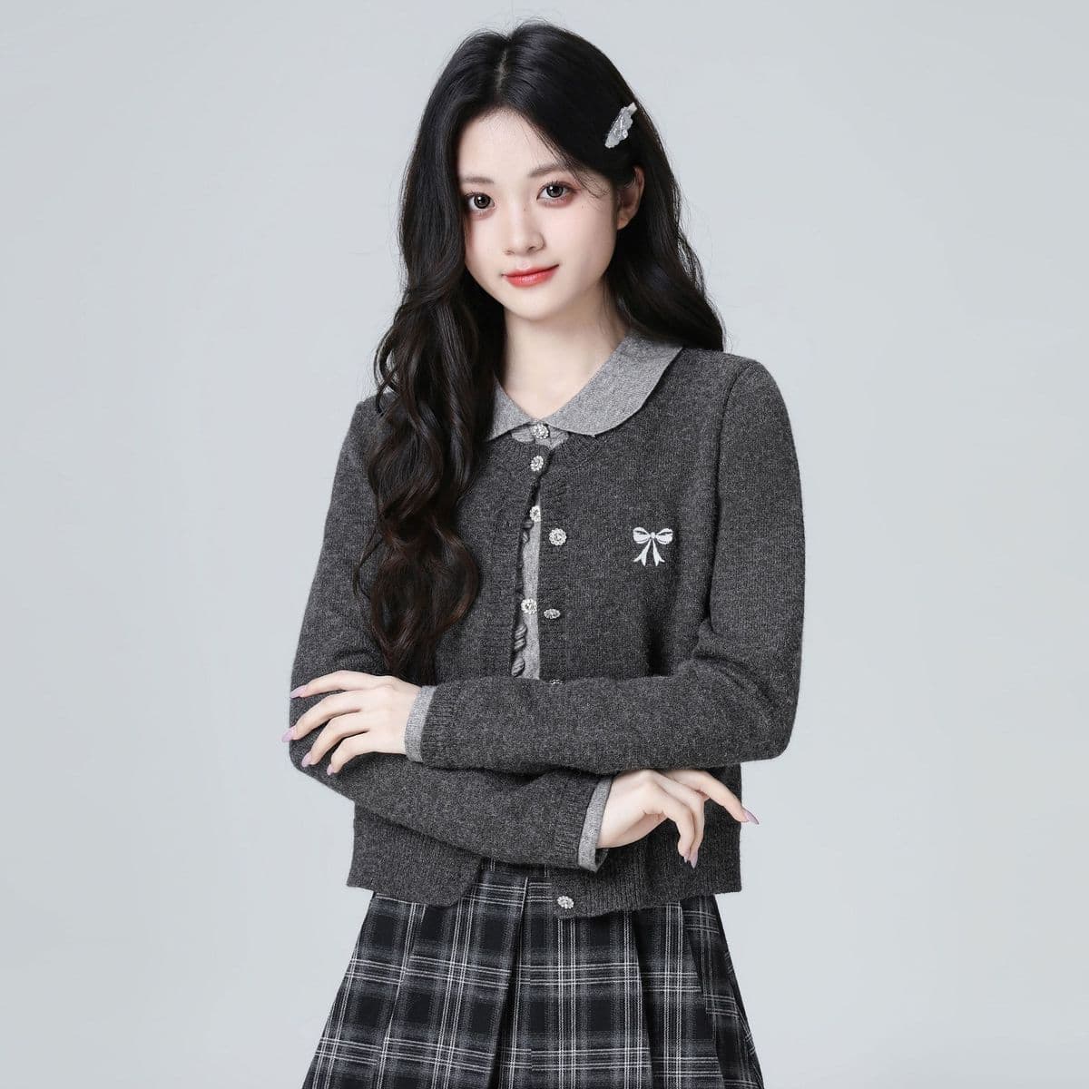 한 부서 POLO 칼라 페이크 레이어드 니트 오픈 가디건 여성 봄 가을 가을 새로운 배색 폴로 칼라 스웨터 쇼트 스타일 연령 감소 맨위 상세 이미지 3