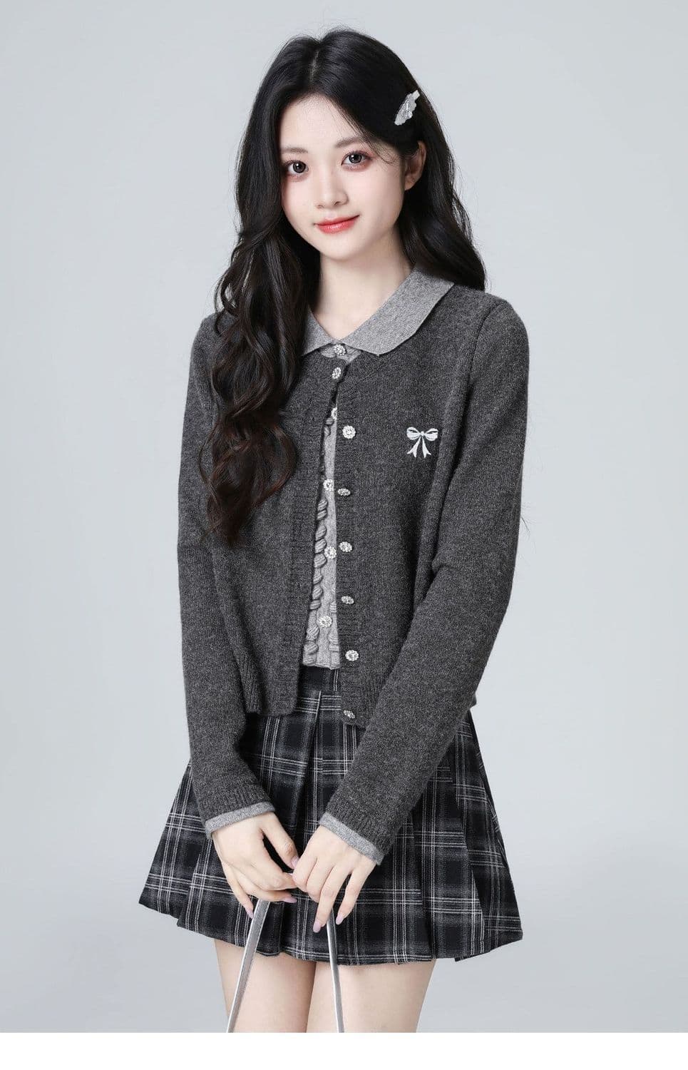 한 부서 POLO 칼라 페이크 레이어드 니트 오픈 가디건 여성 봄 가을 가을 새로운 배색 폴로 칼라 스웨터 쇼트 스타일 연령 감소 맨위 상세 이미지 12