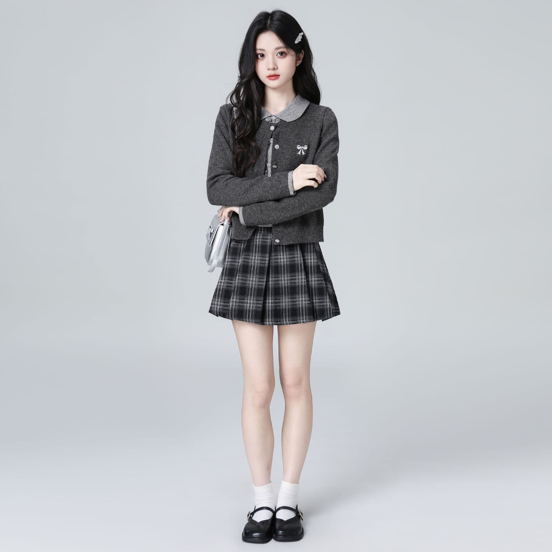 한 부서 POLO 칼라 페이크 레이어드 니트 오픈 가디건 여성 봄 가을 가을 새로운 배색 폴로 칼라 스웨터 쇼트 스타일 연령 감소 맨위 상세 이미지 16