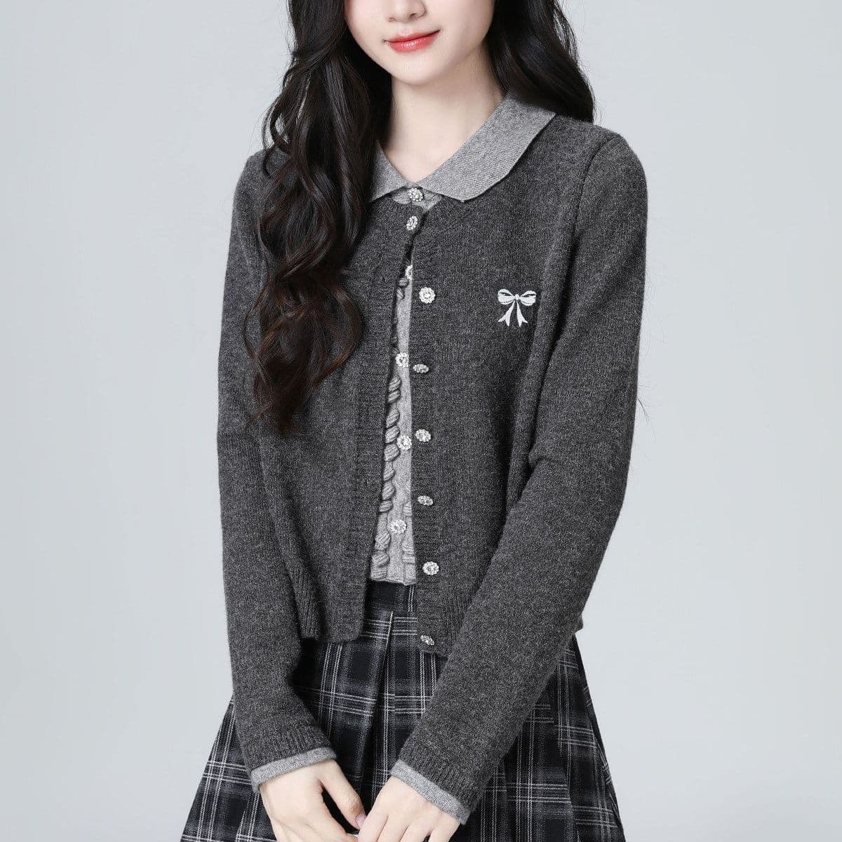 한 부서 POLO 칼라 페이크 레이어드 니트 오픈 가디건 여성 봄 가을 가을 새로운 배색 폴로 칼라 스웨터 쇼트 스타일 연령 감소 맨위 상세 이미지 20