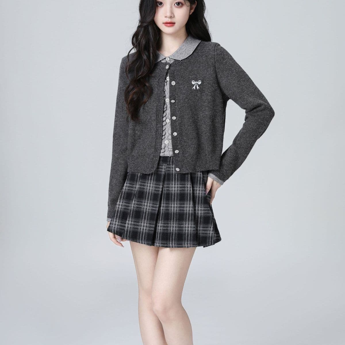 한 부서 POLO 칼라 페이크 레이어드 니트 오픈 가디건 여성 봄 가을 가을 새로운 배색 폴로 칼라 스웨터 쇼트 스타일 연령 감소 맨위 상세 이미지 21