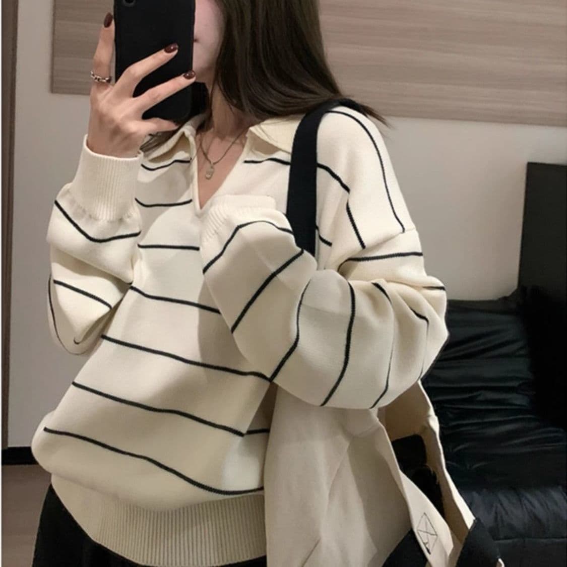 한 부서 스트라이프 POLO 칼라 니트 스웨터 여성 이른 가을 새로운 다용도 디자인 센스 루즈핏 느긋한 만나는 풀오버 상세 이미지 2