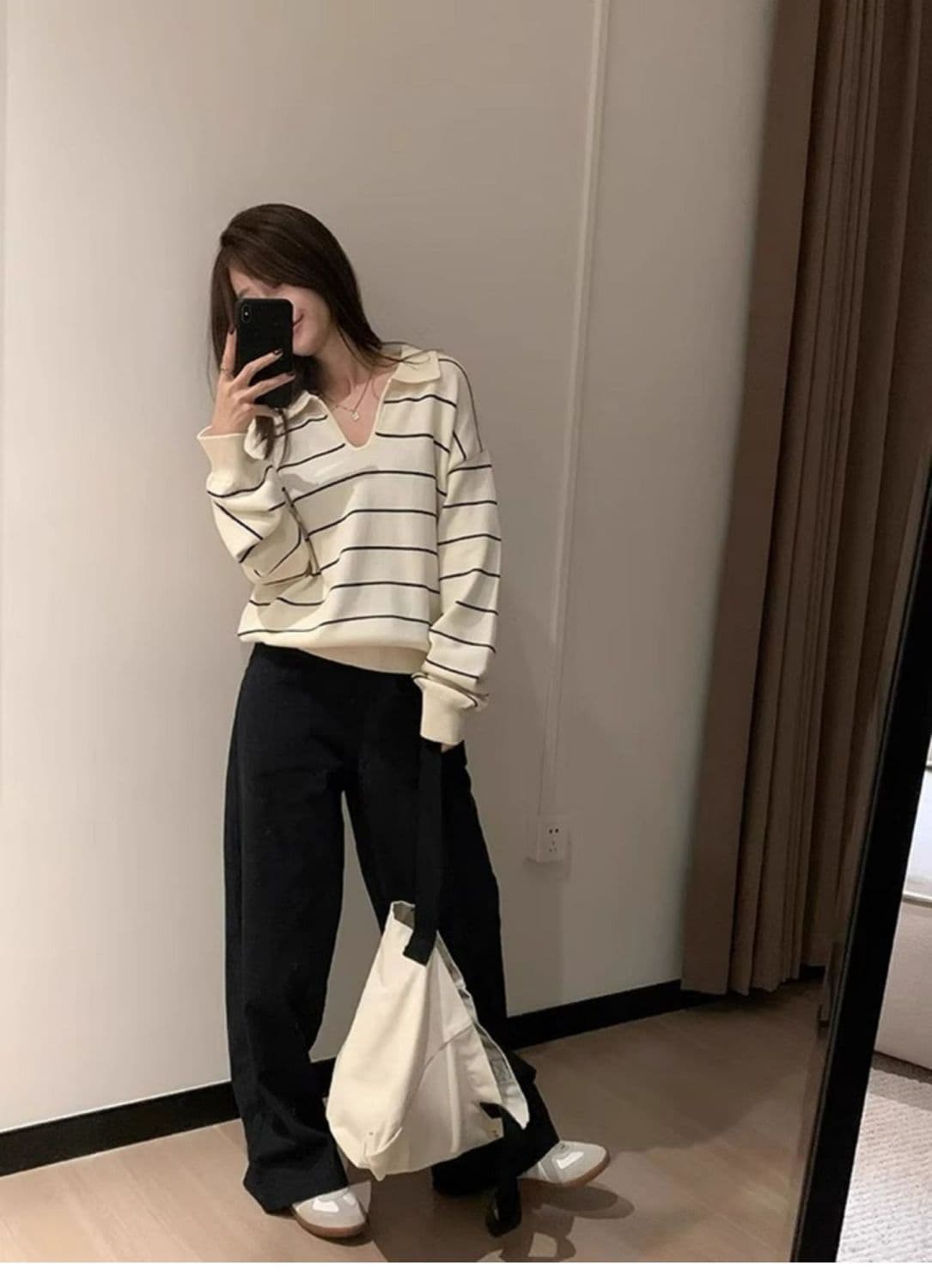 한 부서 스트라이프 POLO 칼라 니트 스웨터 여성 이른 가을 새로운 다용도 디자인 센스 루즈핏 느긋한 만나는 풀오버 상세 이미지 7