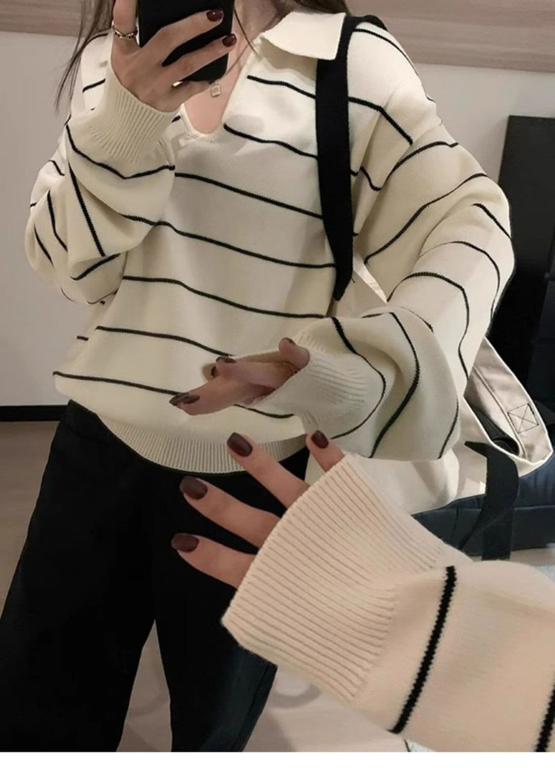 한 부서 스트라이프 POLO 칼라 니트 스웨터 여성 이른 가을 새로운 다용도 디자인 센스 루즈핏 느긋한 만나는 풀오버 상세 이미지 11