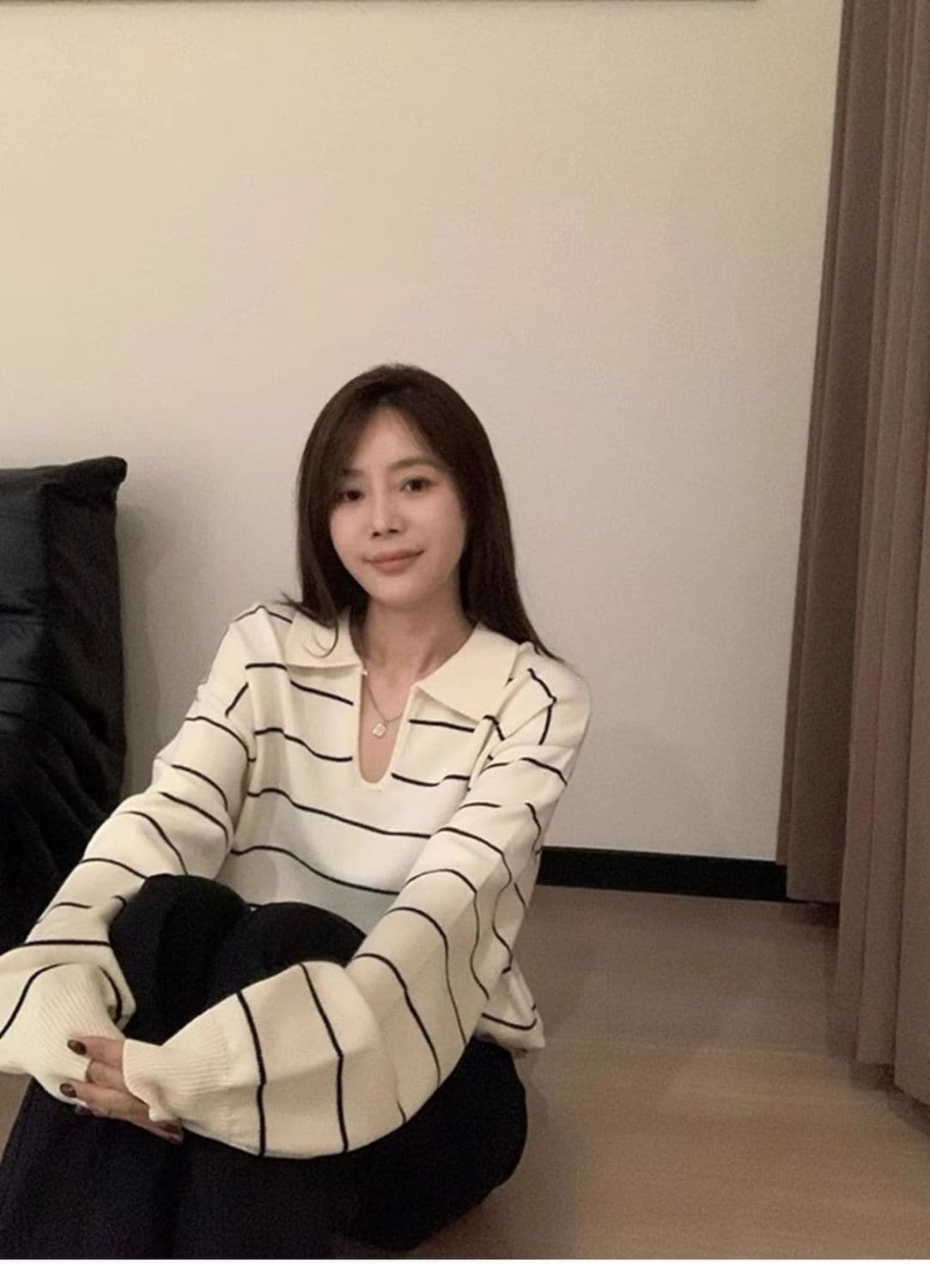 한 부서 스트라이프 POLO 칼라 니트 스웨터 여성 이른 가을 새로운 다용도 디자인 센스 루즈핏 느긋한 만나는 풀오버 상세 이미지 14