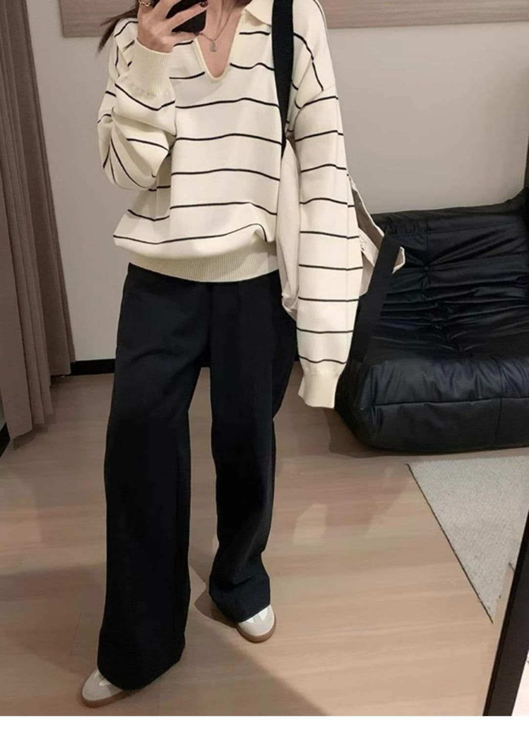 한 부서 스트라이프 POLO 칼라 니트 스웨터 여성 이른 가을 새로운 다용도 디자인 센스 루즈핏 느긋한 만나는 풀오버 상세 이미지 17