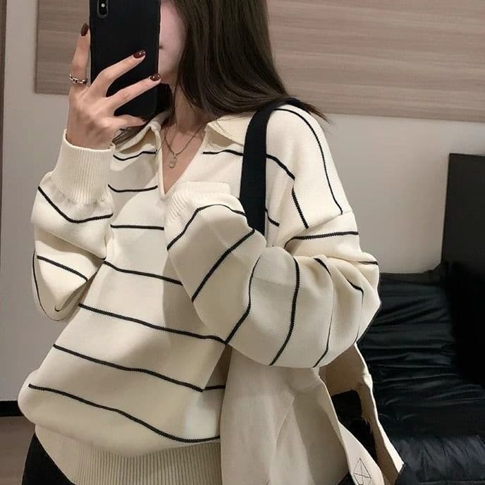 한 부서 스트라이프 POLO 칼라 니트 스웨터 여성 이른 가을 새로운 다용도 디자인 센스 루즈핏 느긋한 만나는 풀오버 상세 이미지 25