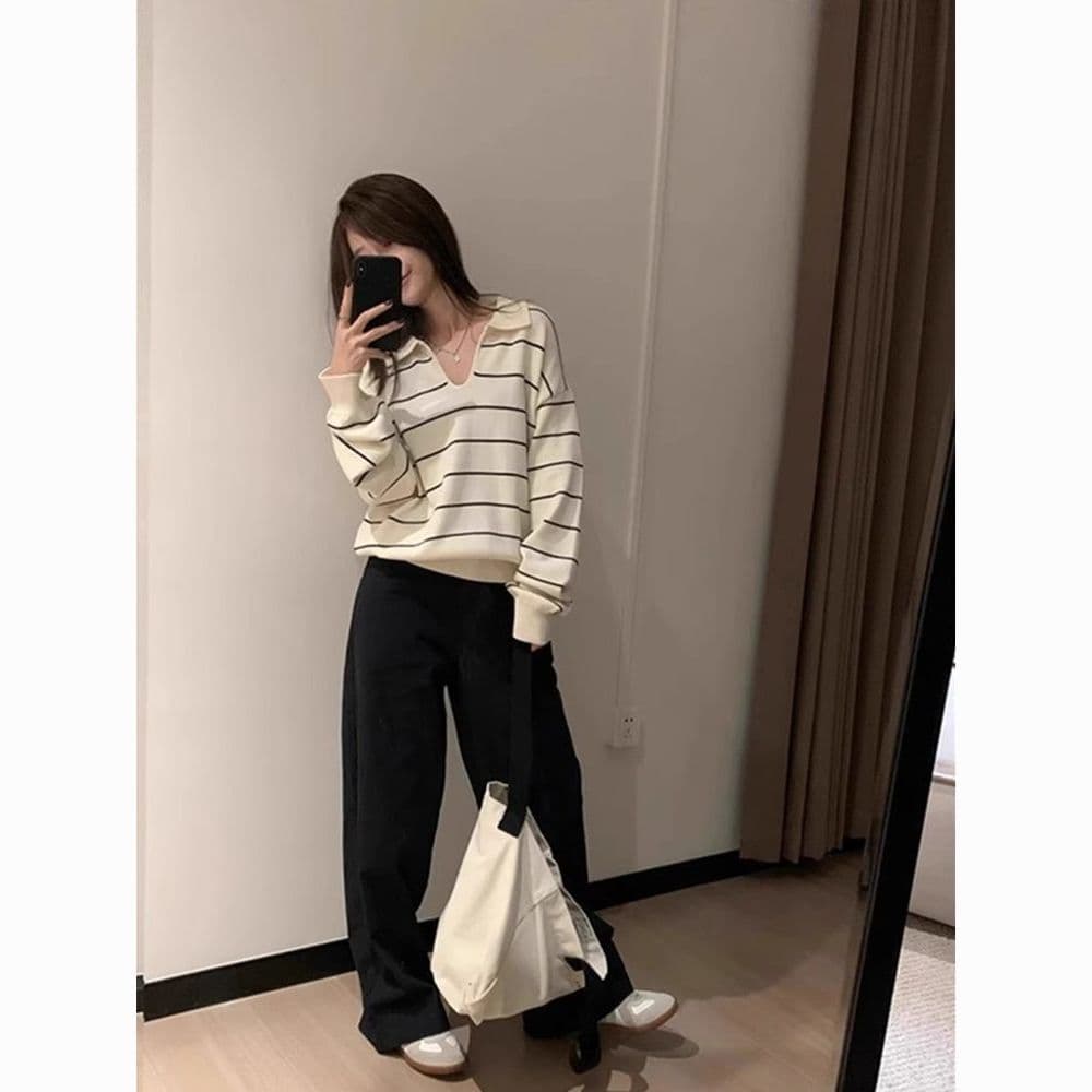 한 부서 스트라이프 POLO 칼라 니트 스웨터 여성 이른 가을 새로운 다용도 디자인 센스 루즈핏 느긋한 만나는 풀오버 상세 이미지 27