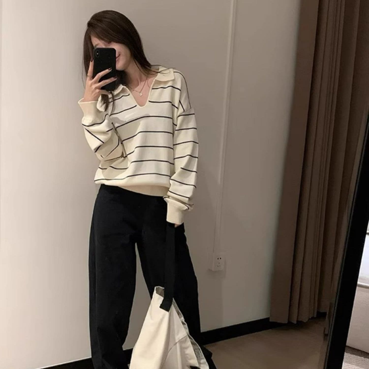 한 부서 스트라이프 POLO 칼라 니트 스웨터 여성 이른 가을 새로운 다용도 디자인 센스 루즈핏 느긋한 만나는 풀오버 상세 이미지 33