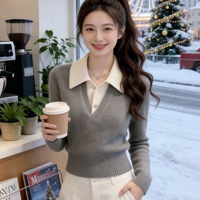 봄 가을 새로운 품격 패션 슬림해 보이는 스웨터 인사이드 가져 가라. 페이크 레이어드 두꺼운 니트 스웨터 맨위 풀오버 폴로 칼라 만나는 상세 이미지 16