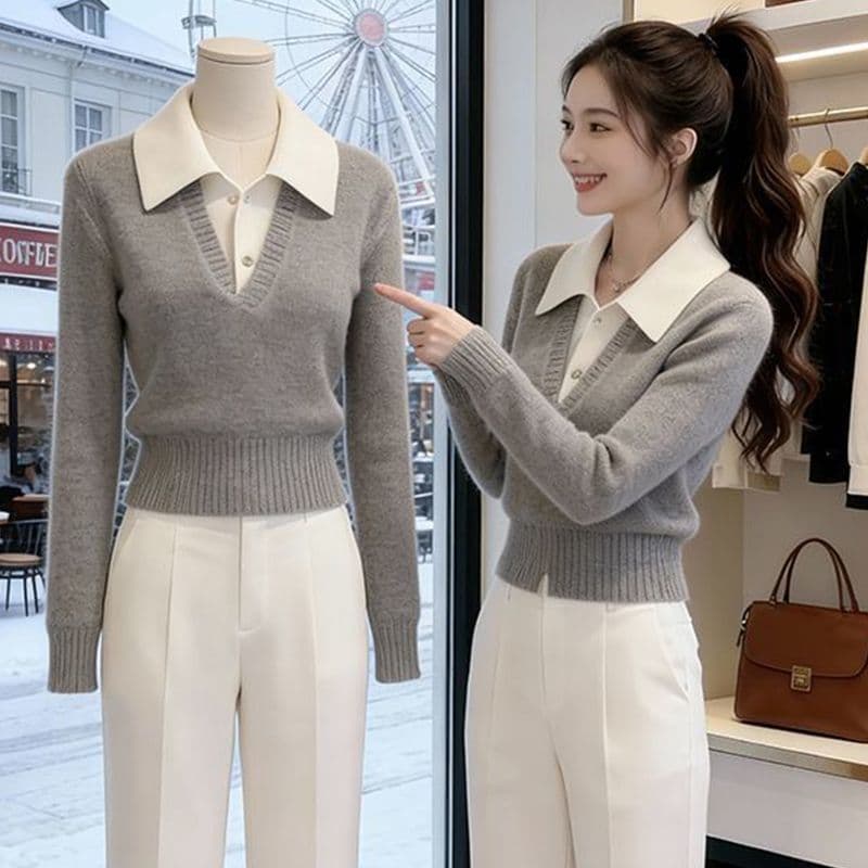 봄 가을 새로운 품격 패션 슬림해 보이는 스웨터 인사이드 가져 가라. 페이크 레이어드 두꺼운 니트 스웨터 맨위 풀오버 폴로 칼라 만나는 상세 이미지 19