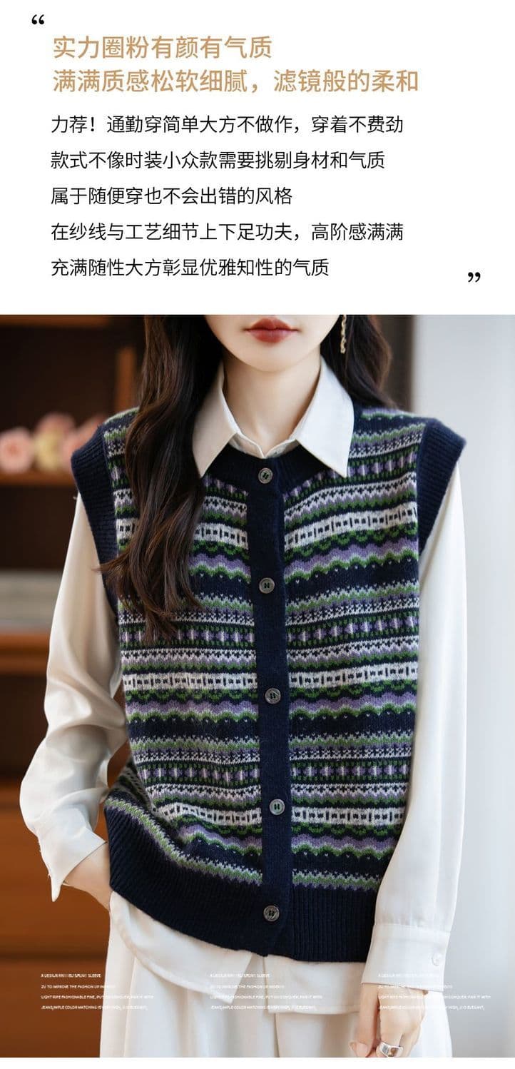 가을 겨울 새로운 너구리 플러시 두꺼운 레트로 자카드 민소매 베스트 여성 라운드 넥 공정한 섬 양모 니트 어깨 상세 이미지 2