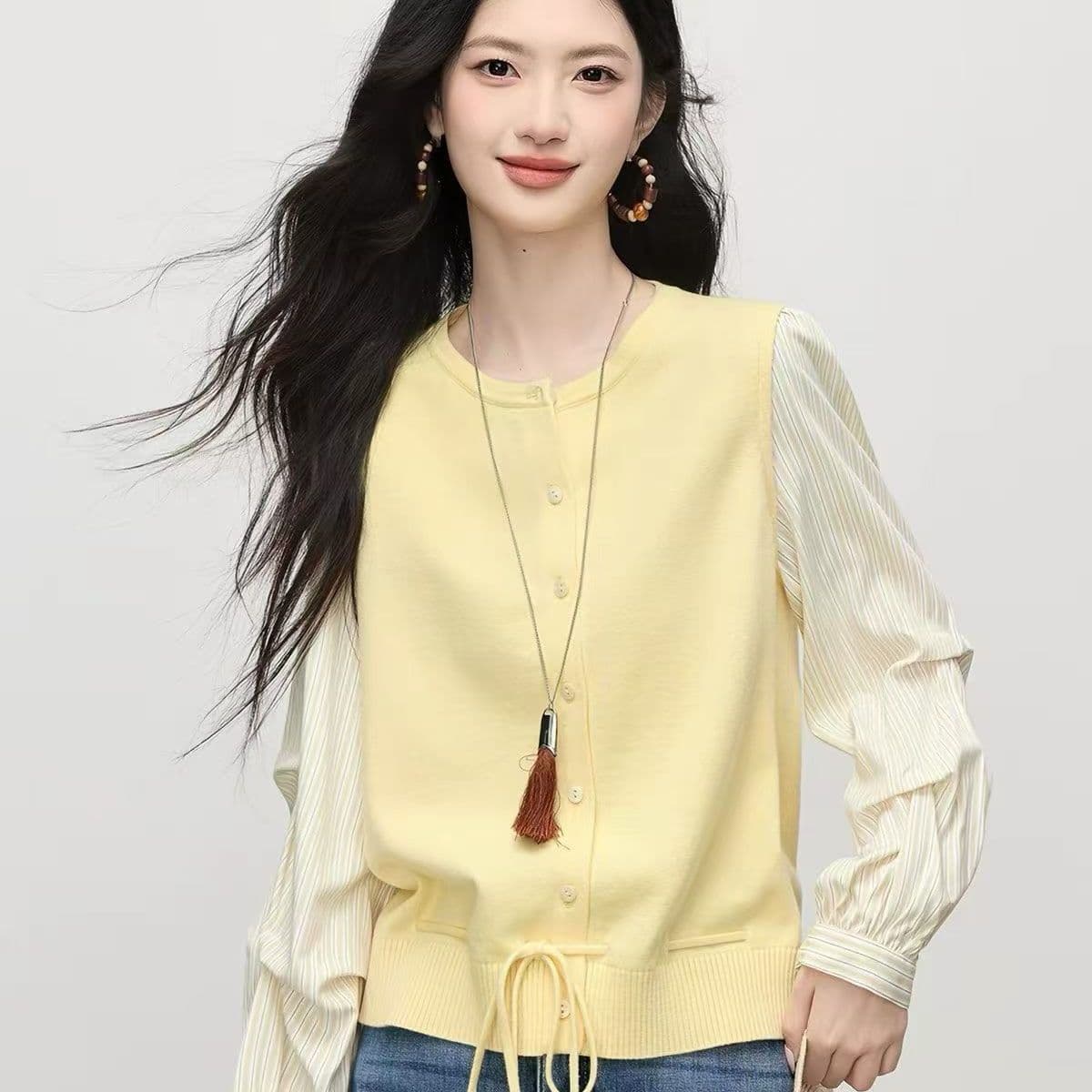 부드러운 바람 소녀 센스 캐주얼 느긋한 느슨함 센스 한 부서 페이크 레이어드 맨위 여성 이른 가을 패션 다용도 오픈 가디건 여성 상세 이미지 15