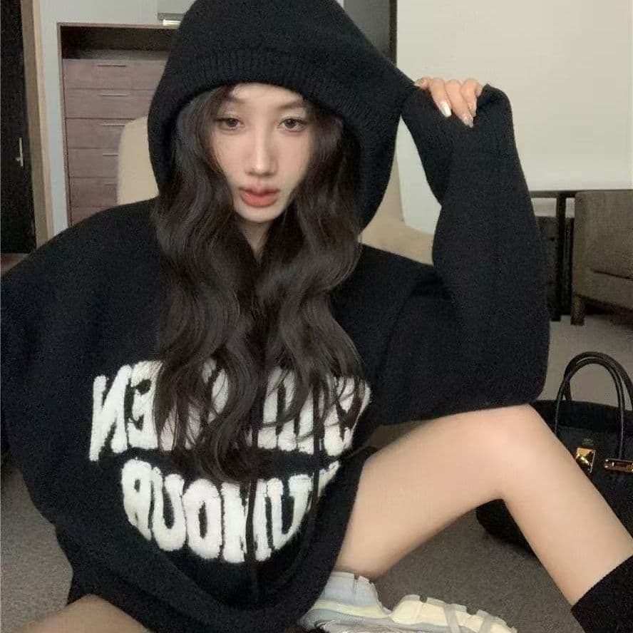 아메리칸 부드러운 찹쌀 알파벳 자수 후드 풀오버 가을 겨울 새로운 레트로 느긋한 루즈핏 슬림해 보이는 니트 스웨터 여성 이미지 2