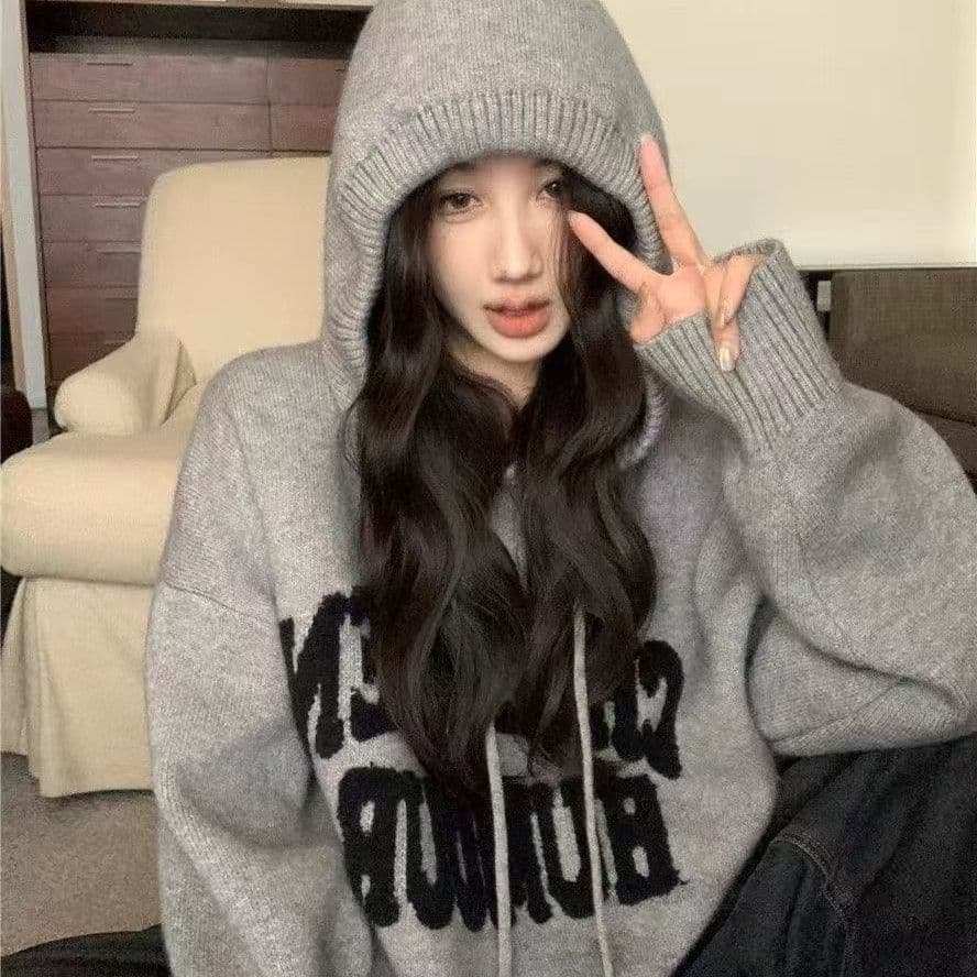 아메리칸 부드러운 찹쌀 알파벳 자수 후드 풀오버 가을 겨울 새로운 레트로 느긋한 루즈핏 슬림해 보이는 니트 스웨터 여성 이미지 5