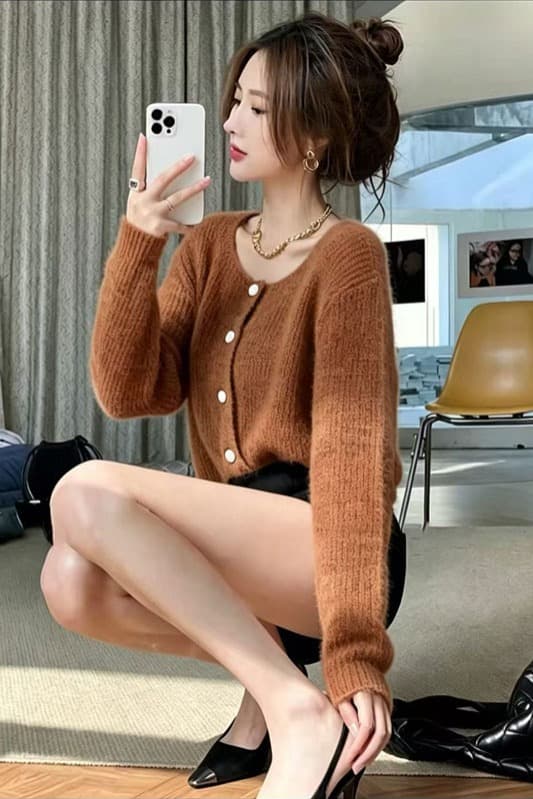 새로운 한국 스타일 패션 디자인 센스 달콤함 다용도 오픈 가디건 스웨터 핑크색 그라데이션 스트라이프 패션 작은 샤넬 스타일 쇼트 스타일 이미지 6