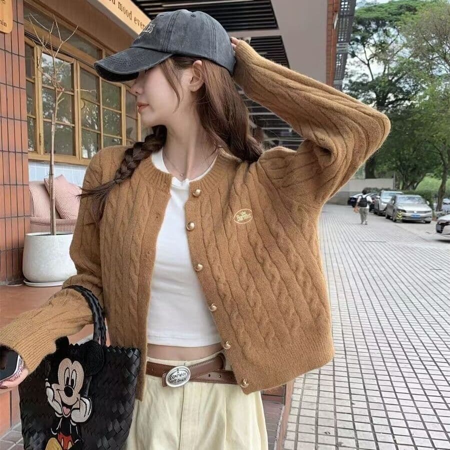 패션 자수 라운드 넥 레트로 오픈 가디건 꽈배기 학원 새로운 니트 느긋한 바람 맨위 스웨터 코트 니트 스웨터 상세 이미지 19