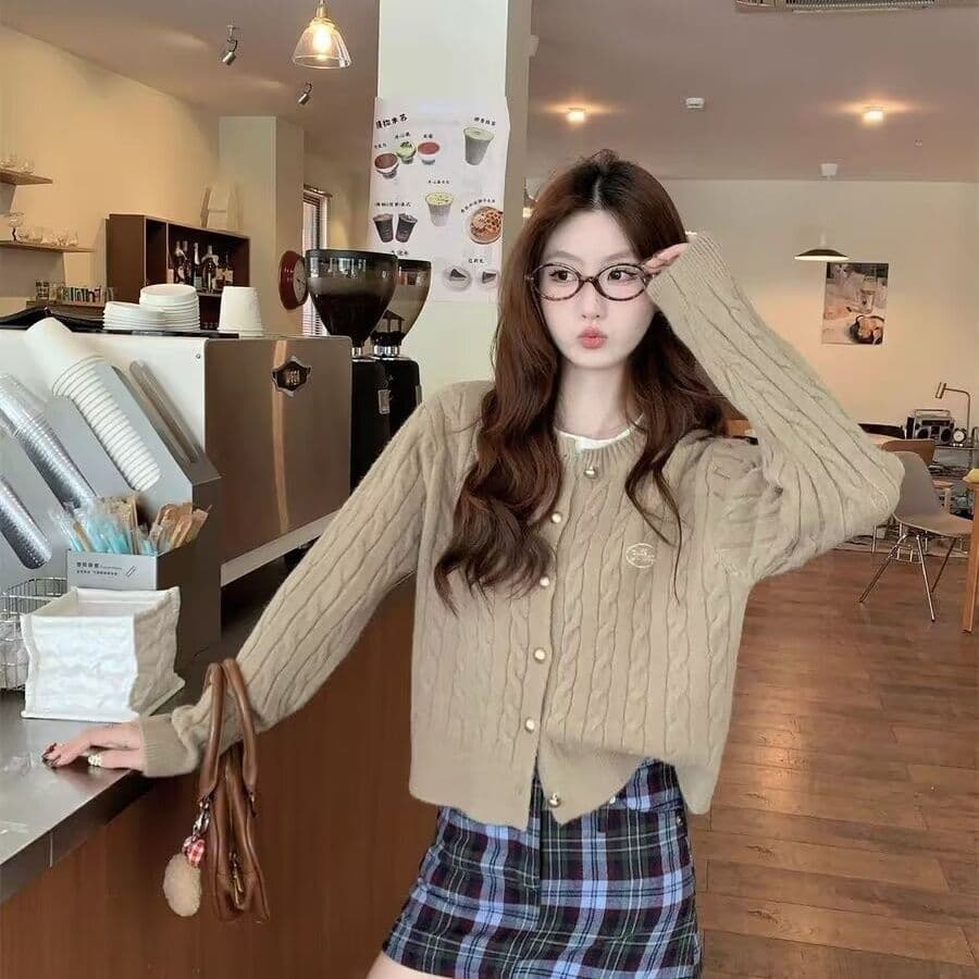 패션 자수 라운드 넥 레트로 오픈 가디건 꽈배기 학원 새로운 니트 느긋한 바람 맨위 스웨터 코트 니트 스웨터 상세 이미지 22
