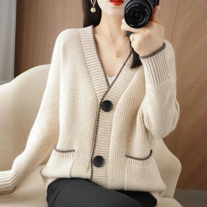 봄 가을 한국 스타일 루즈핏 빅 사이즈 지방 mm 두꺼운 스타일 느긋한 바람 니트 오픈 가디건 단일 행 대 블랙 라운드 버클 스웨터 여자 재킷 이미지 3