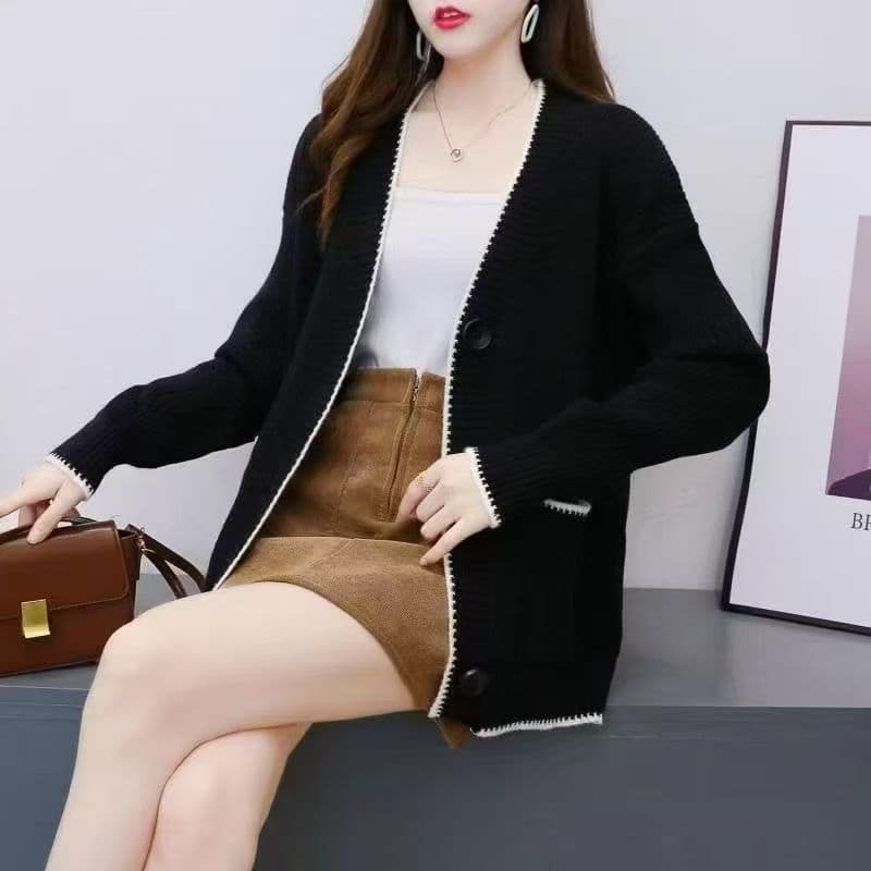 봄 가을 한국 스타일 루즈핏 빅 사이즈 지방 mm 두꺼운 스타일 느긋한 바람 니트 오픈 가디건 단일 행 대 블랙 라운드 버클 스웨터 여자 재킷 이미지 5