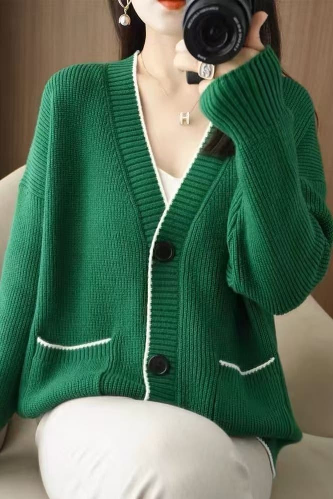 봄 가을 한국 스타일 루즈핏 빅 사이즈 지방 mm 두꺼운 스타일 느긋한 바람 니트 오픈 가디건 단일 행 대 블랙 라운드 버클 스웨터 여자 재킷 이미지 6