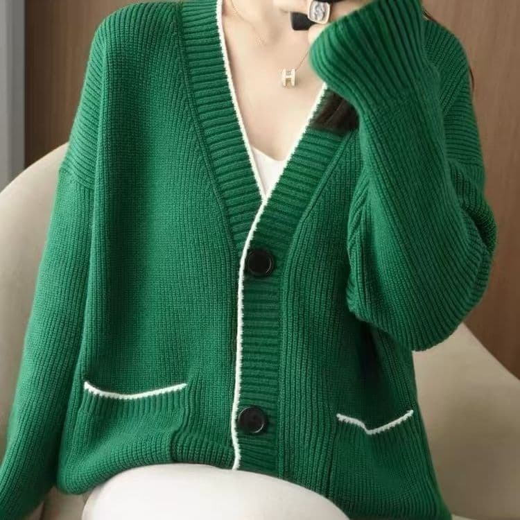 봄 가을 한국 스타일 루즈핏 빅 사이즈 지방 mm 두꺼운 스타일 느긋한 바람 니트 오픈 가디건 단일 행 대 블랙 라운드 버클 스웨터 여자 재킷 상세 이미지 2