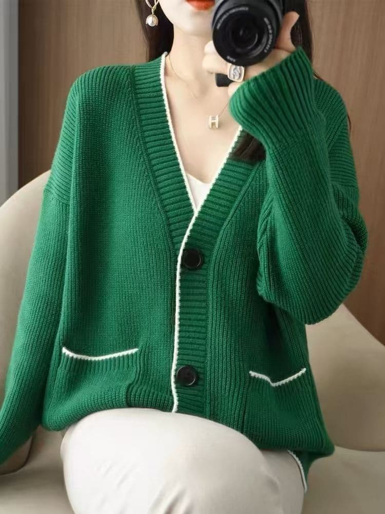 봄 가을 한국 스타일 루즈핏 빅 사이즈 지방 mm 두꺼운 스타일 느긋한 바람 니트 오픈 가디건 단일 행 대 블랙 라운드 버클 스웨터 여자 재킷 상세 이미지 35