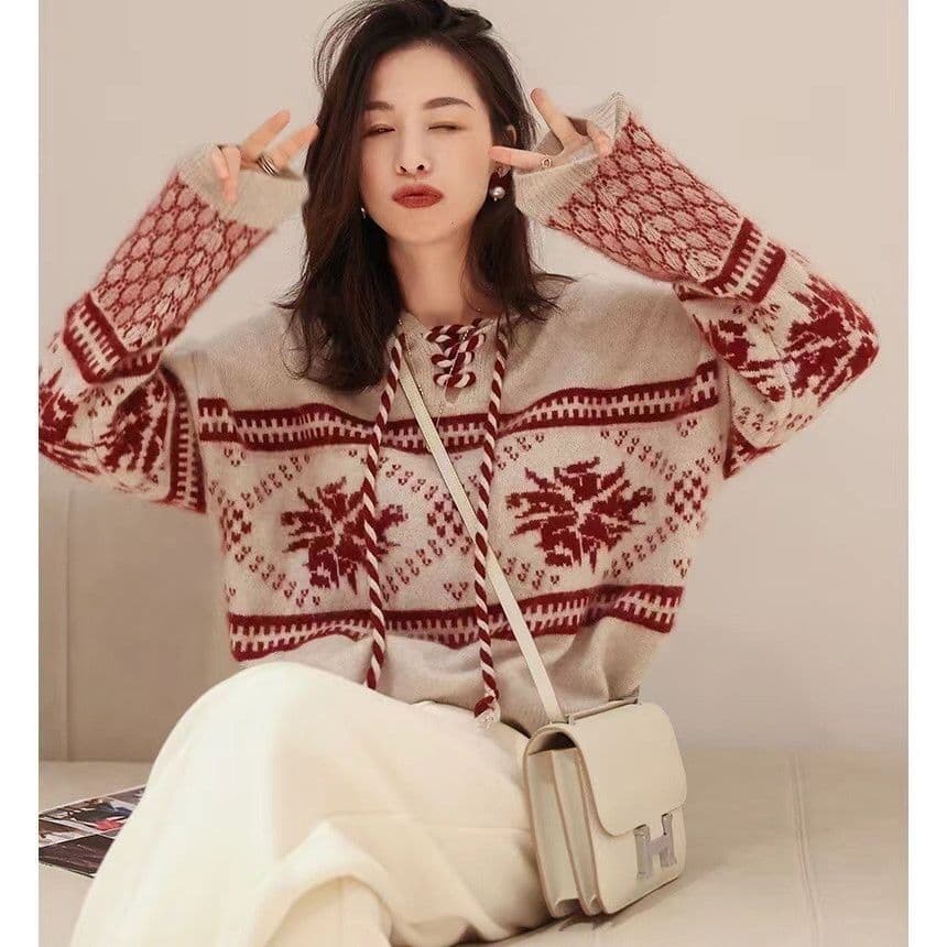 가을 겨울 한 부서 패션 느긋한 달콤함 스웨터 새로운 크리스마스 후드 두꺼운 루즈핏 연령 감소 슬림해 보이는 니트 스웨터 여성 이미지 4