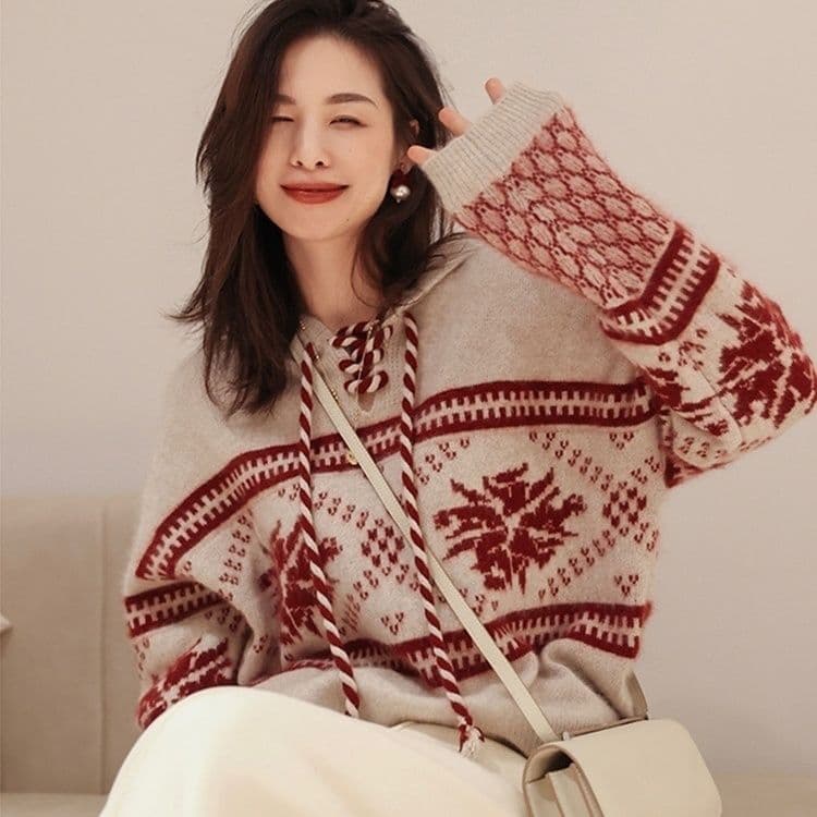 가을 겨울 한 부서 패션 느긋한 달콤함 스웨터 새로운 크리스마스 후드 두꺼운 루즈핏 연령 감소 슬림해 보이는 니트 스웨터 여성 상세 이미지 1