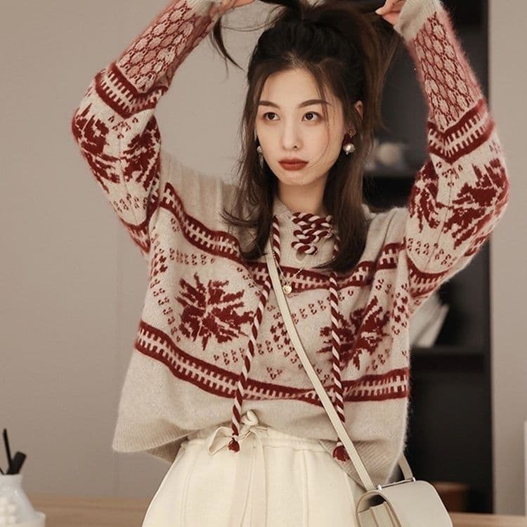 가을 겨울 한 부서 패션 느긋한 달콤함 스웨터 새로운 크리스마스 후드 두꺼운 루즈핏 연령 감소 슬림해 보이는 니트 스웨터 여성 상세 이미지 9