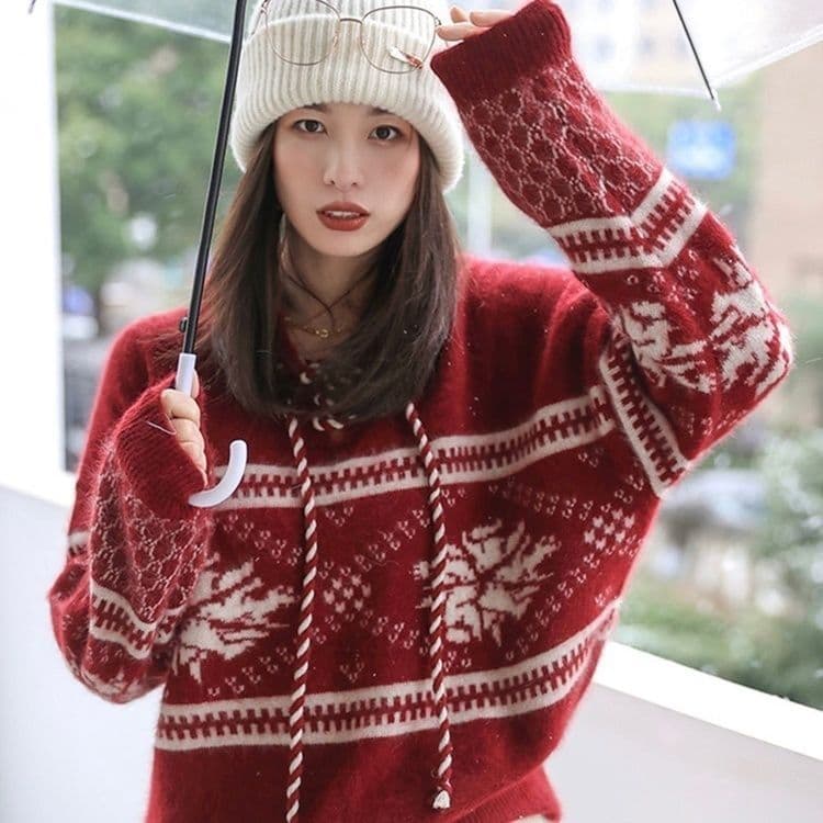 가을 겨울 한 부서 패션 느긋한 달콤함 스웨터 새로운 크리스마스 후드 두꺼운 루즈핏 연령 감소 슬림해 보이는 니트 스웨터 여성 상세 이미지 11