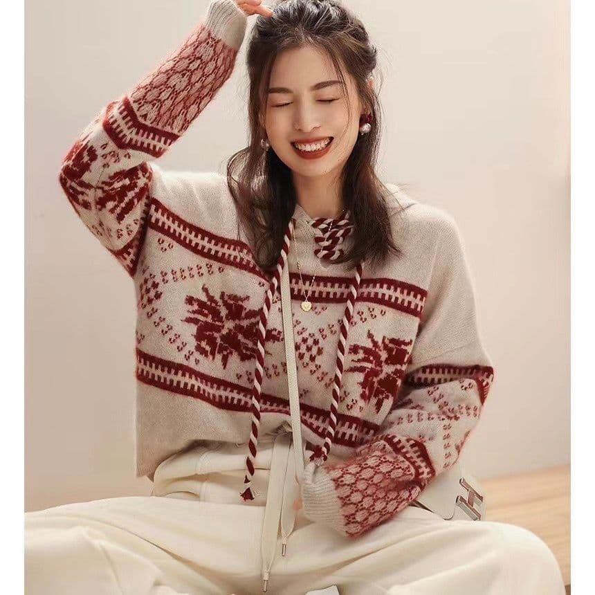 가을 겨울 한 부서 패션 느긋한 달콤함 스웨터 새로운 크리스마스 후드 두꺼운 루즈핏 연령 감소 슬림해 보이는 니트 스웨터 여성 상세 이미지 12