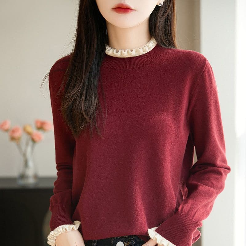 프랑스식 배색 프릴 반하이넥 두꺼운 니트 기본 셔츠 새로운 디자인 센스 외국 가스 보온 스택 착용 스웨터 이미지 3