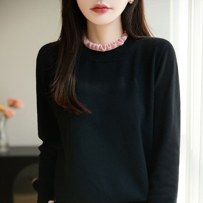 프랑스식 배색 프릴 반하이넥 두꺼운 니트 기본 셔츠 새로운 디자인 센스 외국 가스 보온 스택 착용 스웨터 이미지 4