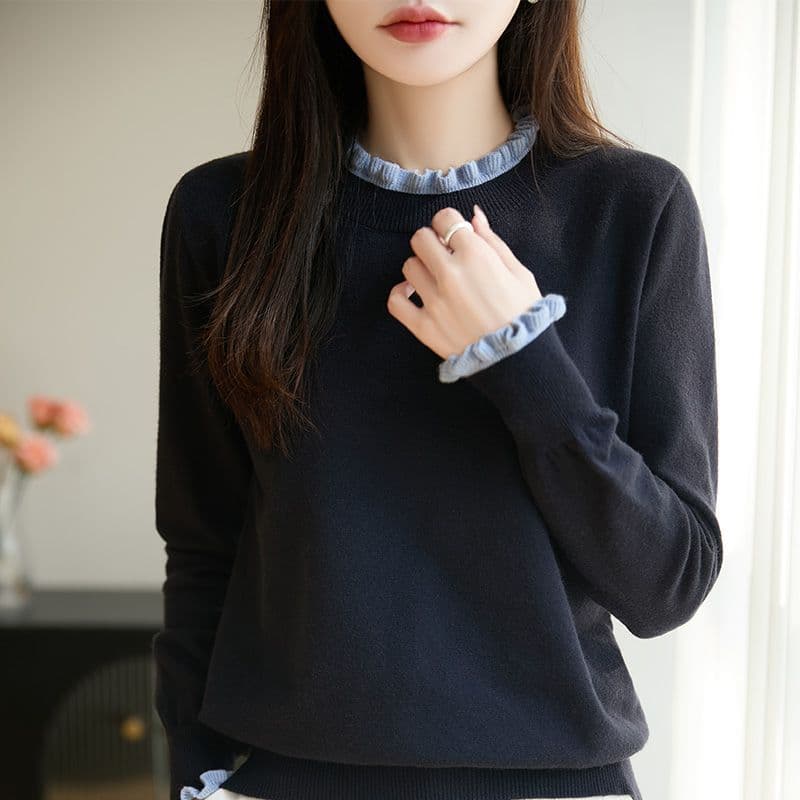 프랑스식 배색 프릴 반하이넥 두꺼운 니트 기본 셔츠 새로운 디자인 센스 외국 가스 보온 스택 착용 스웨터 이미지 5