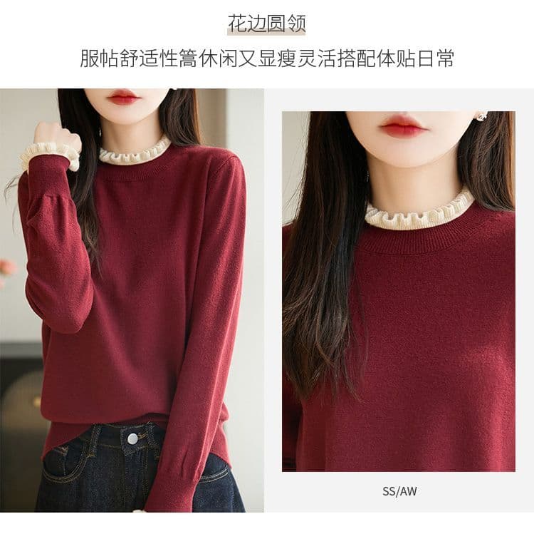 프랑스식 배색 프릴 반하이넥 두꺼운 니트 기본 셔츠 새로운 디자인 센스 외국 가스 보온 스택 착용 스웨터 상세 이미지 3