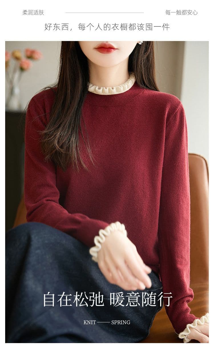 프랑스식 배색 프릴 반하이넥 두꺼운 니트 기본 셔츠 새로운 디자인 센스 외국 가스 보온 스택 착용 스웨터 상세 이미지 14
