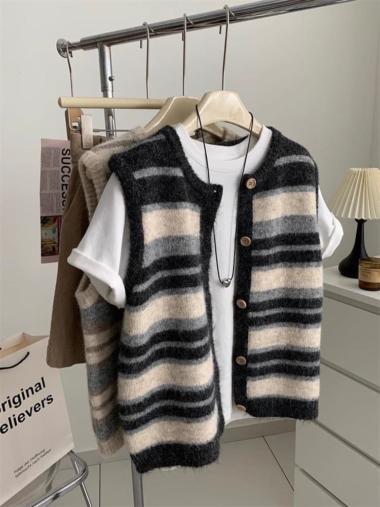 가을 겨울 세련된 외국 가스 다용도 스택 착용 루즈핏 스웨터 어깨 레트로 스트라이프 니트 오픈 가디건 베스트 여자 외출용 상세 이미지 5