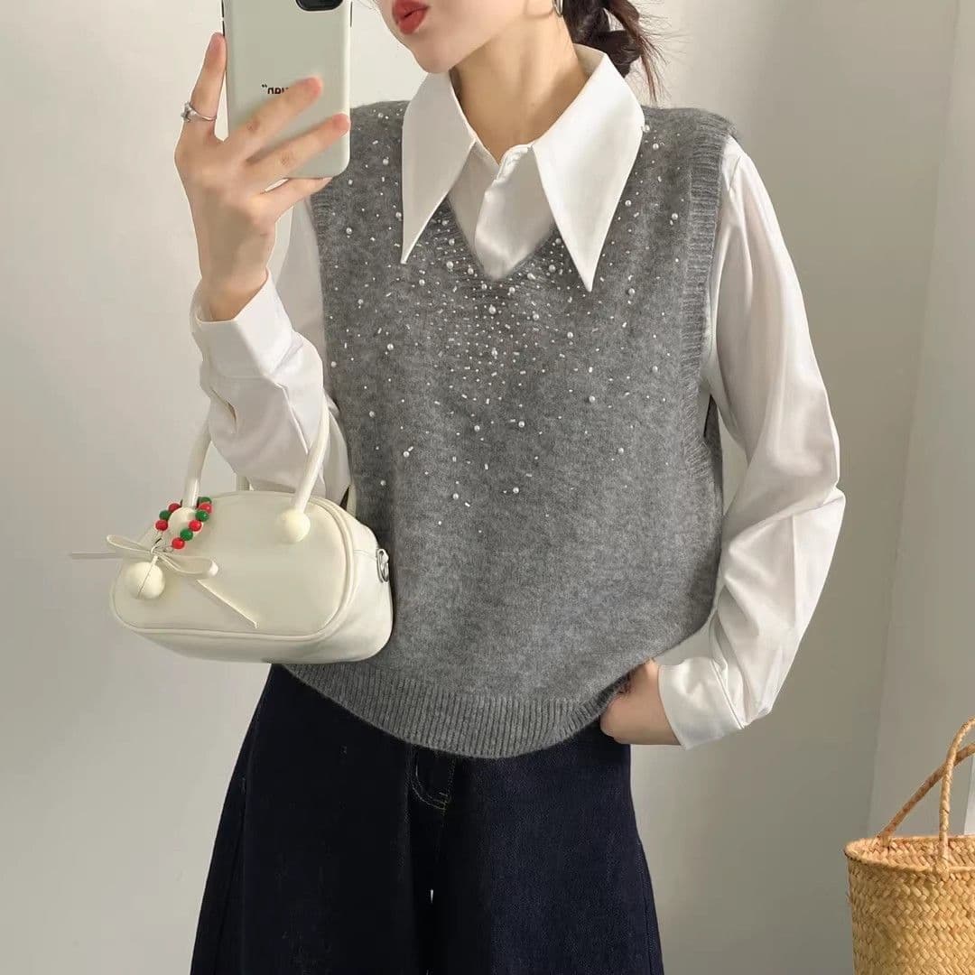 도파민 새로운 디자인 센스 비즈 박기 니트 민소매 루즈핏 베스트 조끼 V넥 패션 플래시 훈련 봄 가을 맨위 이미지 4